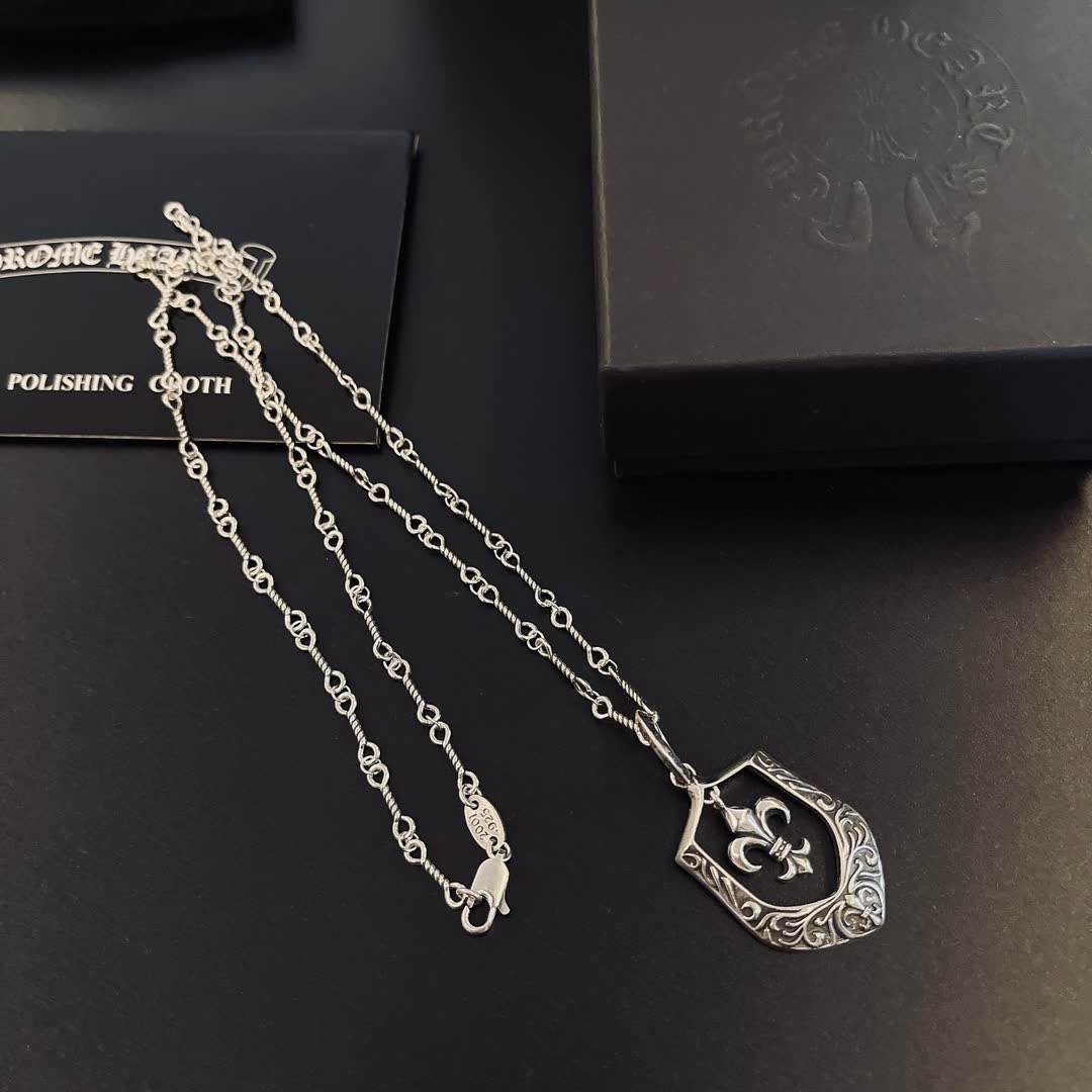Chrome Hearts Silver Fleur-de-lis Shield Necklace